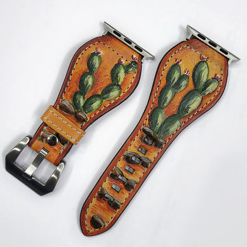 American Darling Hand Tooled I watch Strap Genuine Leather With Beautiful Cactus Hand Painted Smart Watch Strap